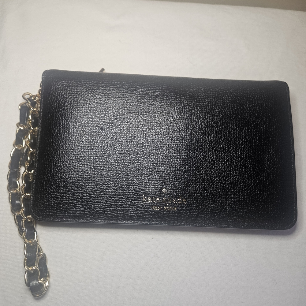 Kate Spade Black Leather Wristlet with Gold Chain